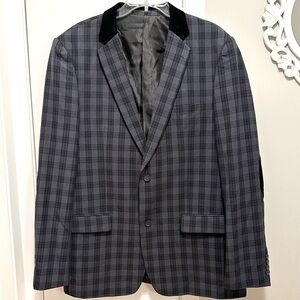 Alberto Cardinali Men's Gray Black Plaid Blazer 46L Jacket Coat Velvet Collar